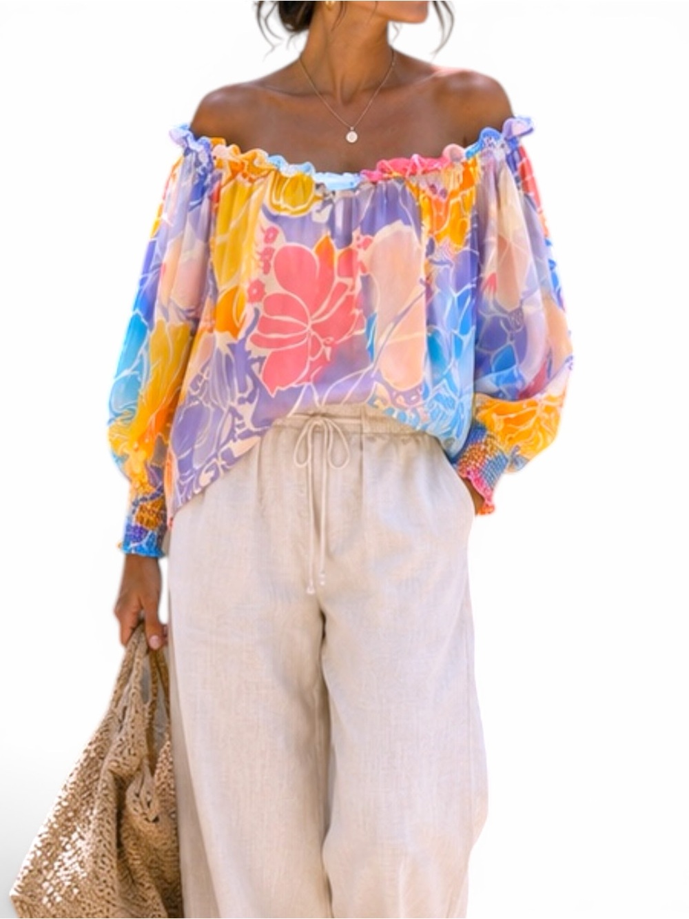 Ramy Brook Addison Floral Silk Off Shoulder Tropical Hibiscus Print Size S